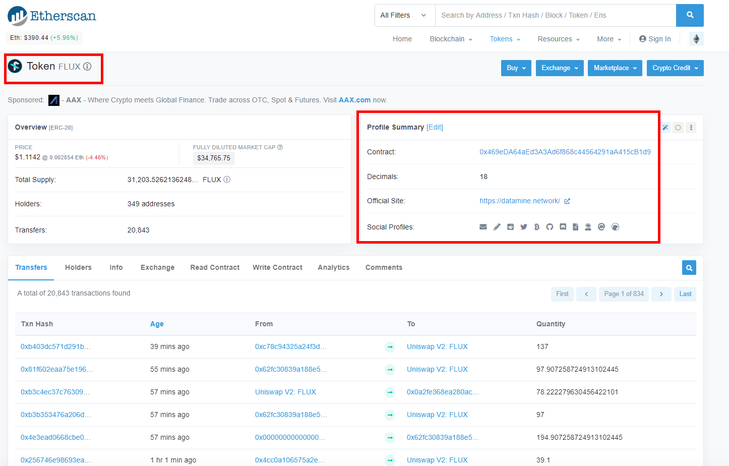 FLUX and DAM Tokens Fully Updated on Etherscan